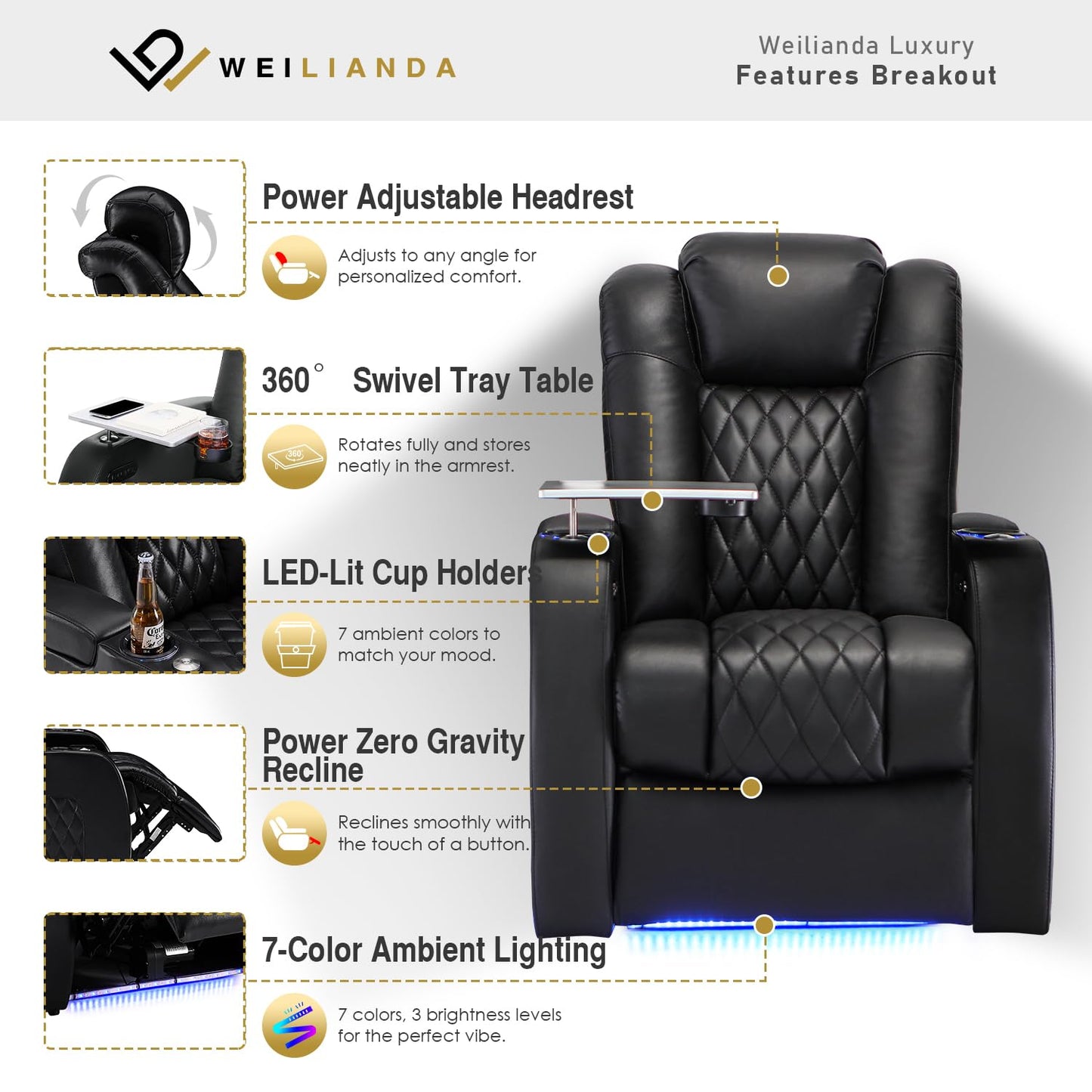 Weilianda Home Theater Seating, Top Grain Leather Movie Theater Chair
