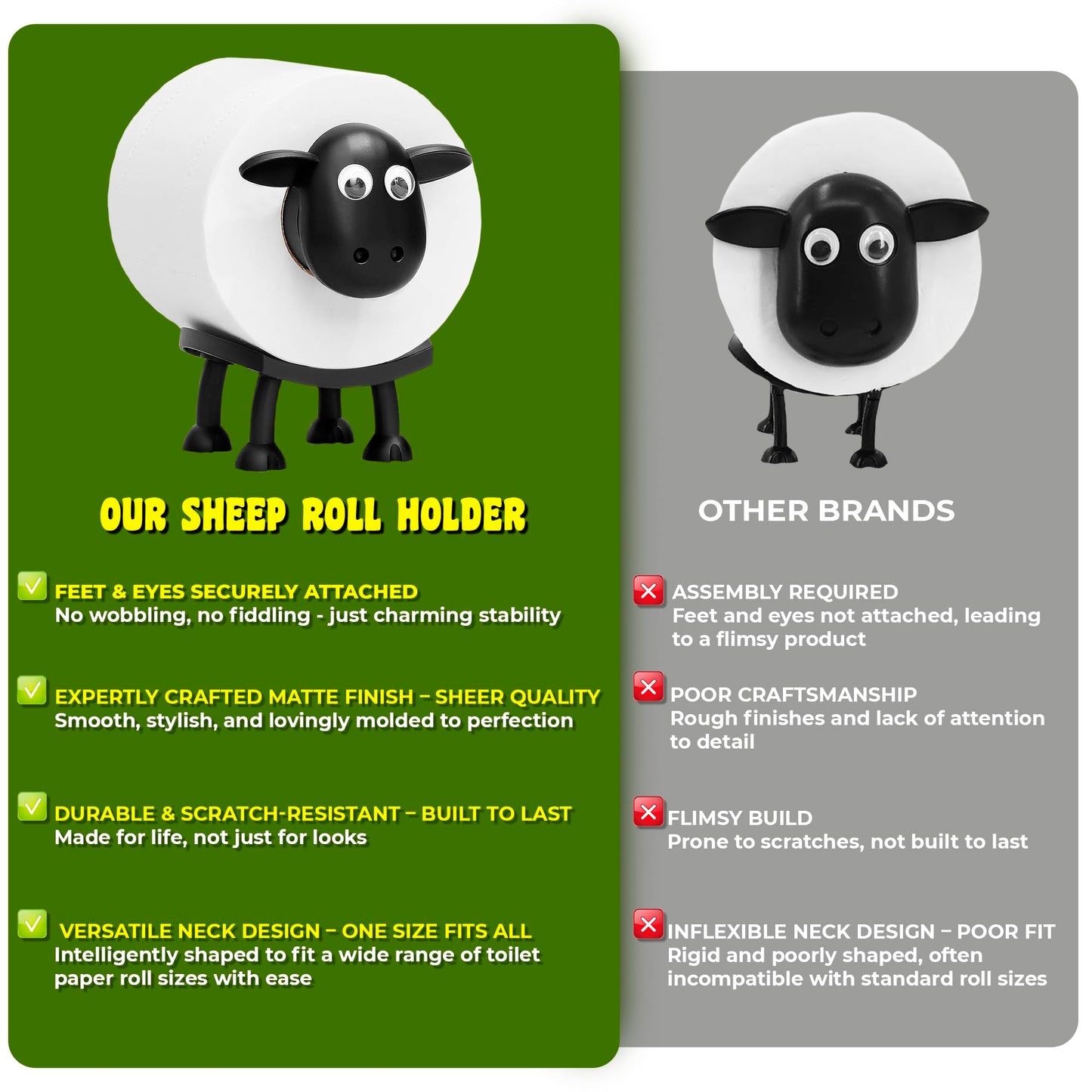 VELENTI Sheep Toilet Roll Holder - Funny Toilet Paper Holders Free Standing Cute Bathroom Decor - Premium 3D Printed Black Sheep Loo Rolls Holder - Hilarious Tissue Paper Roll Storage - Set of 3