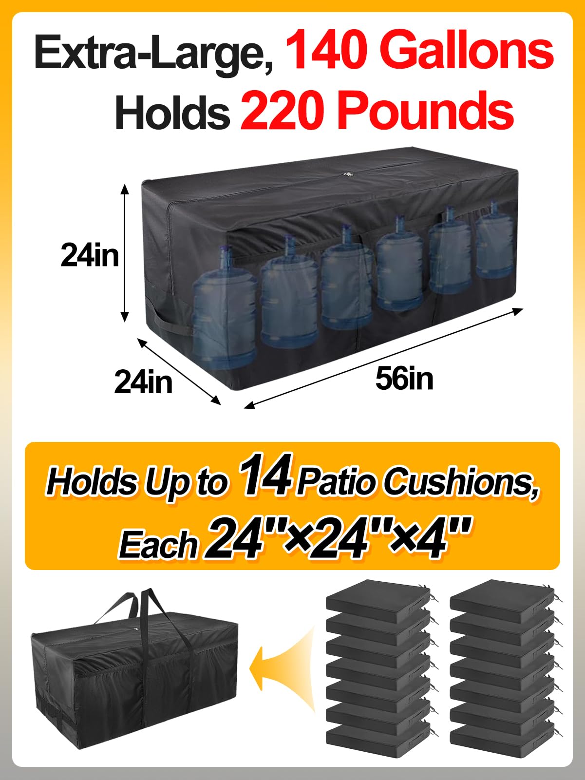140 Gallon Extra Large Storage Bags - 600D Oxford Heavy-duty Outdoor Storage with 4 Carrying Handles, 56''x24''x24''