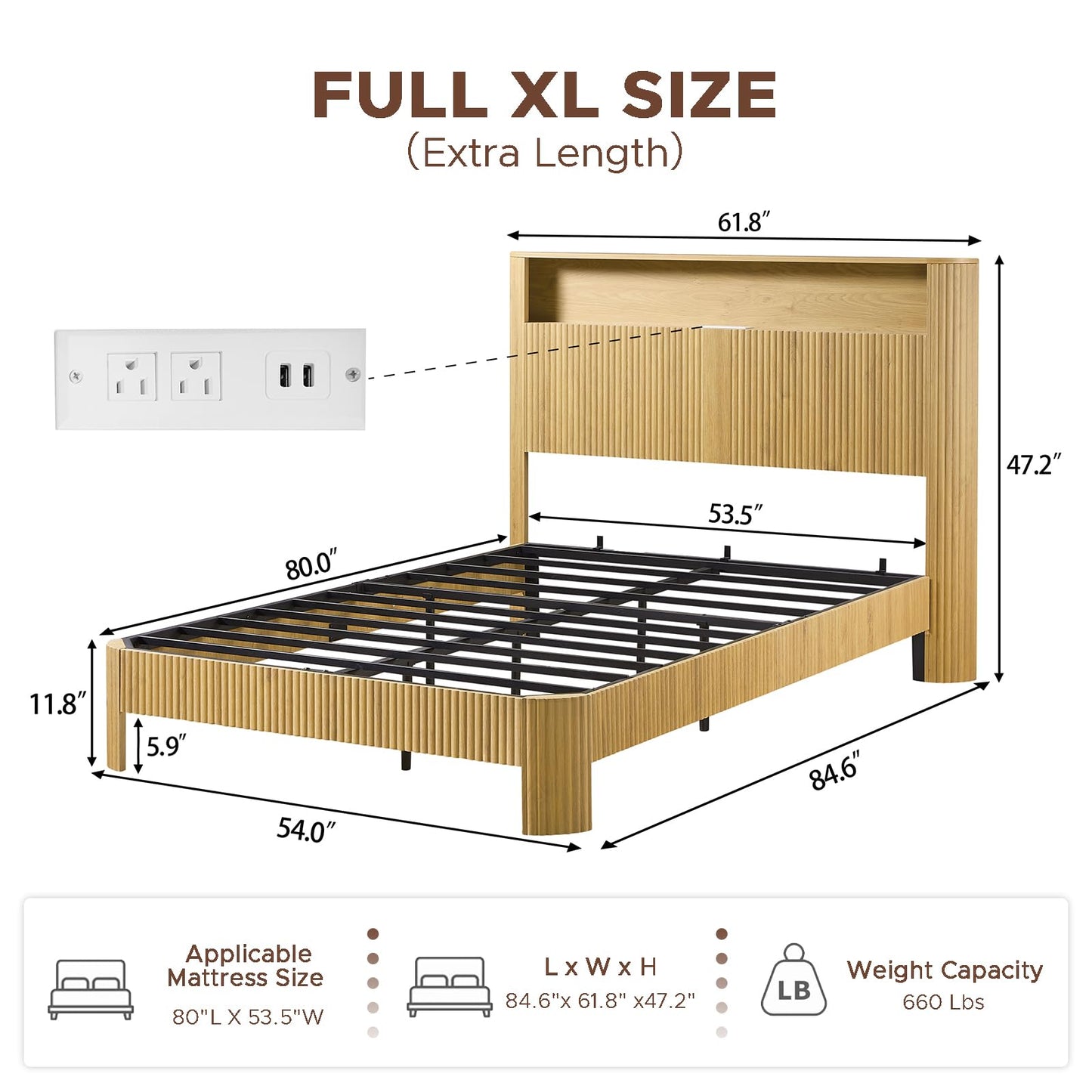 Rumiiro Full XL Size Bed Frame with Fluted Headboard Storage, USB/Outlets, Quiet Metal Slats, No Box Spring, Natural Oak