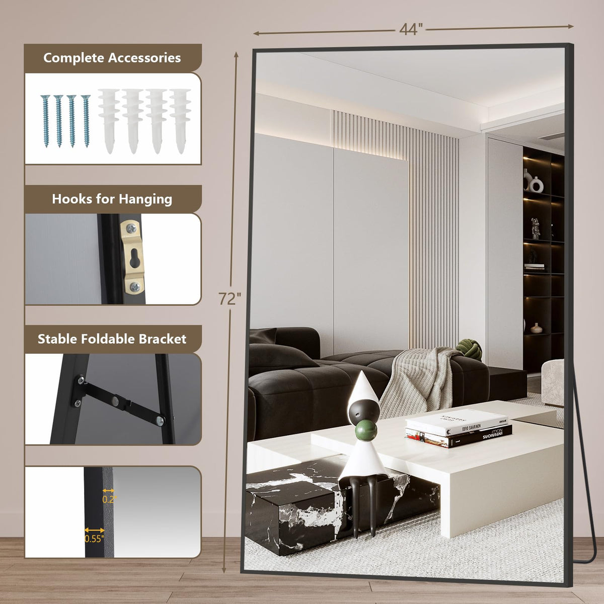 Mirrorons 72"x44" Black Full Length Mirror, Large Floor Mirror with Stand