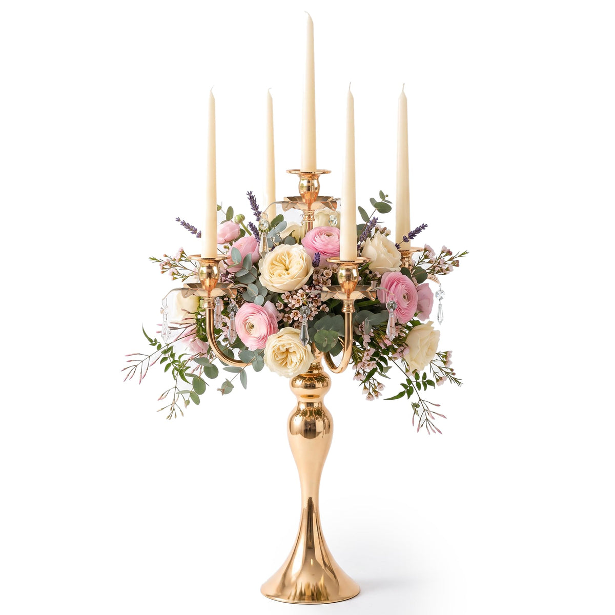 20.3'' Tall 5 Arm Candelabra Centerpiece for Table, Metal Elegant Candle Holder, Retro Candlestick Table Centerpieces for Party, Events, Home, Wedding Decor (4, Gold)