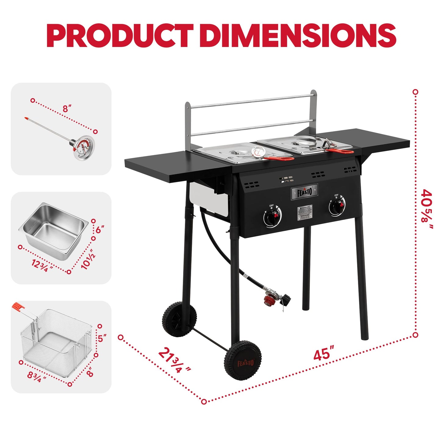Feasto Outdoor Propane Deep Fryer with Rolling Cart, Dual Tank Fish Fryer with 2 Independent Burners, 100,000 BTU, 4-Gal Oil Capacity, Frying Station with Baskets for Fish, Fries & Chicken