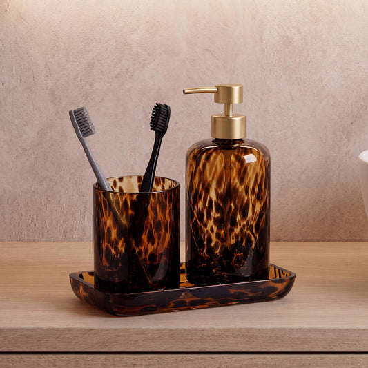 Ferrochef Tortoise Shell Bathroom Accessories Set, 3 Pcs Glass Set Complete with Soap Dispenser Tortoise Tray Toothbrush Holder for Modern Vintage Decor Bathroom Countertop Vanity Organizer