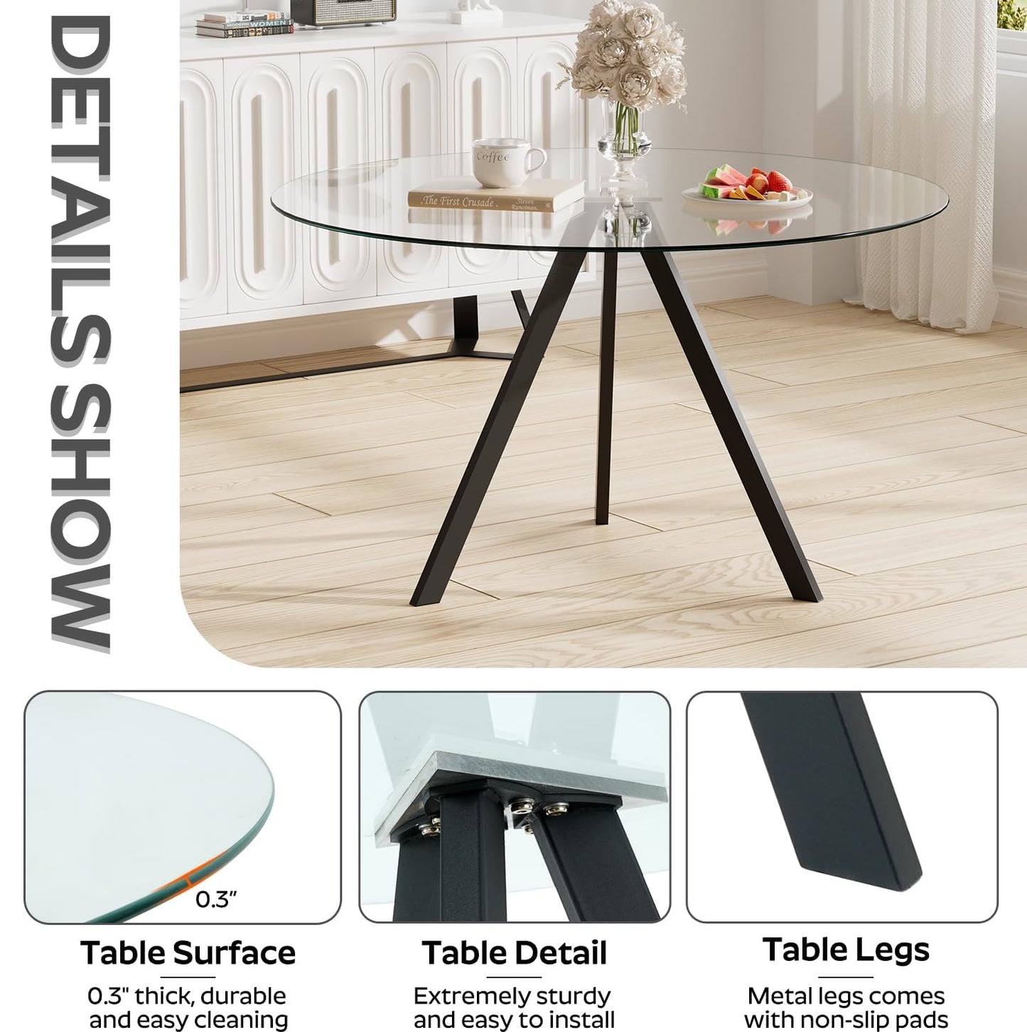 SIZOTA Round Dining Table for 4, 47" Modern Glass Dining Table, Leisure Coffee Table, Kitchen Circle Dinner Table, Saving Space(Black)
