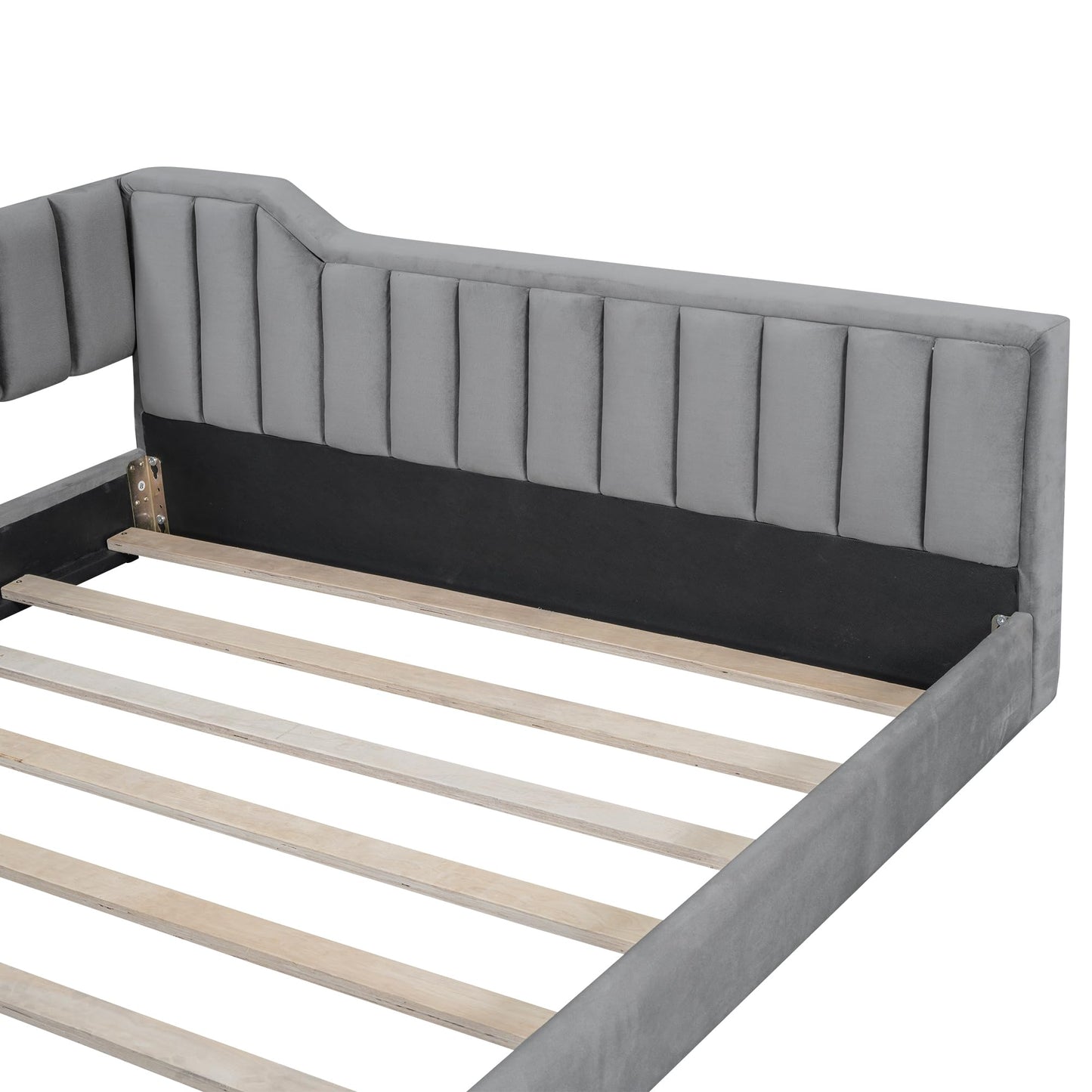 Ball & Cast Full XL Size Daybed, Upholstery Day Bed Frame with Channel Tufted Backrest and Armrest, Floor Bed with Side Pockets,Solid Wood Slat Support, No Box Spring Needed,Gray