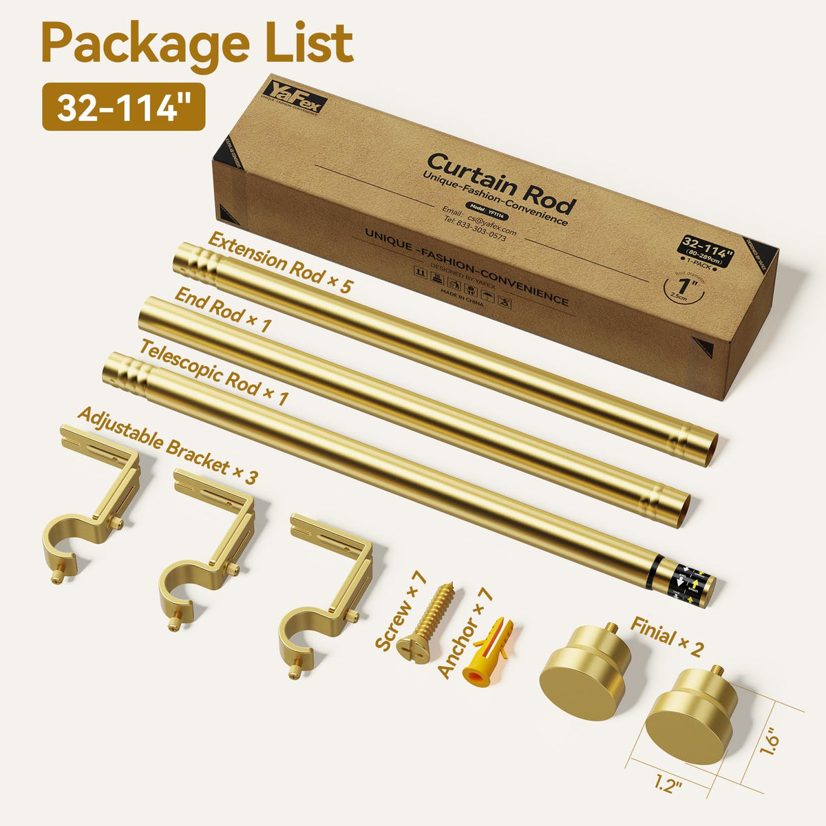 YaFex Curtain Rods 32-114 Inch, Heavy Duty 1 Inch Diameter Gold
