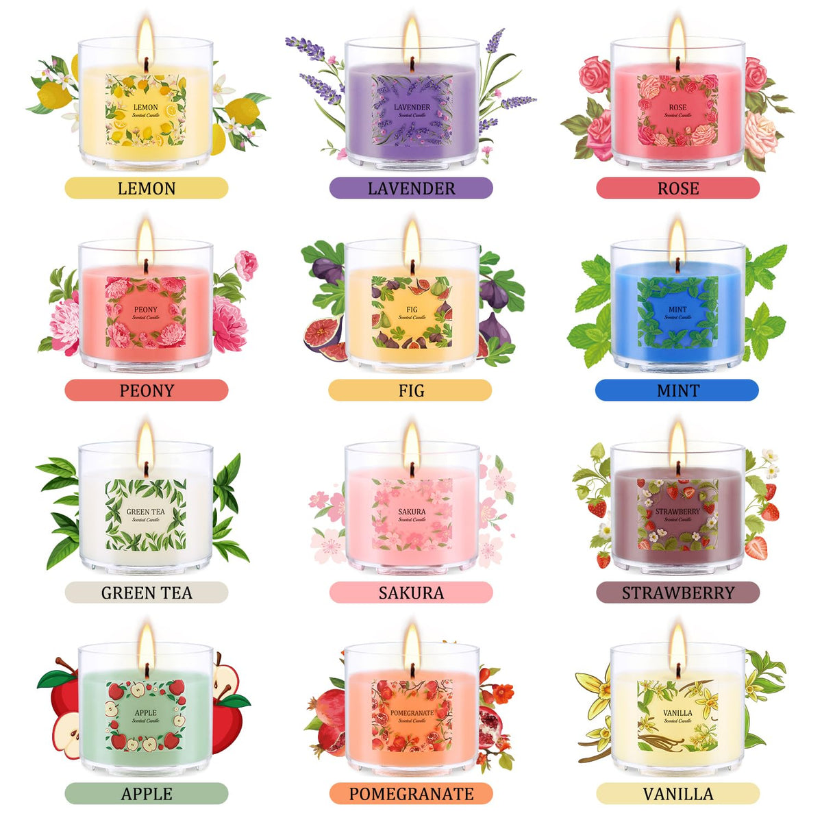 24 Pack Scented Candles Set, 2oz Soy Wax Acrylic Tea Lights with 12 Assorted Fragrances, Long Lasting Aromatherapy Candles for Home Decor, Gift Ready for Christmas Birthday Housewarming
