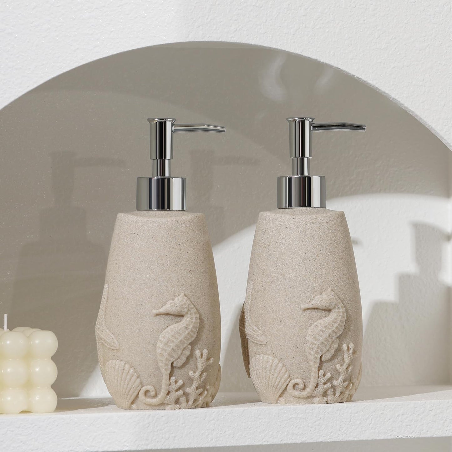 Haocoott Soap Dispensers 350mL 11OZ, 2 PCS Luxurious Ocean Hand Dish Lotion Shampoo Soap Dispenser Jar, Sea Shell Soap Pump Bottles for Kitchen Bathroom Countertop Beige