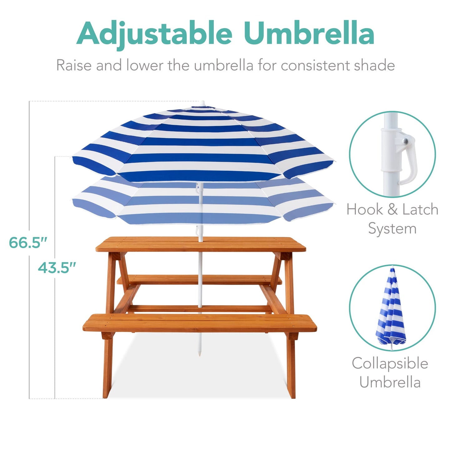Best Choice Products Wooden Kids Picnic Table with Umbrella, Outdoor Activity Table Set with Built-in Benches, 220 lb Capacity per Bench - Golden Brown/Navy