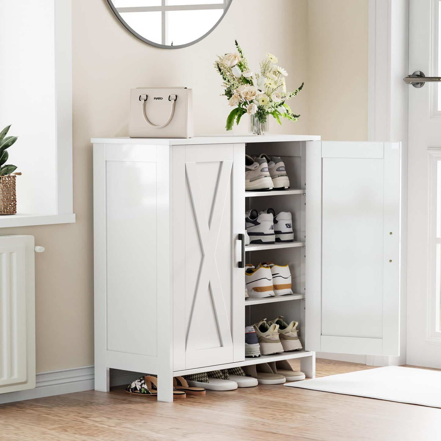 Homleke Farmhouse Shoe Cabinet with 2 Barn Doors & Wood Legs