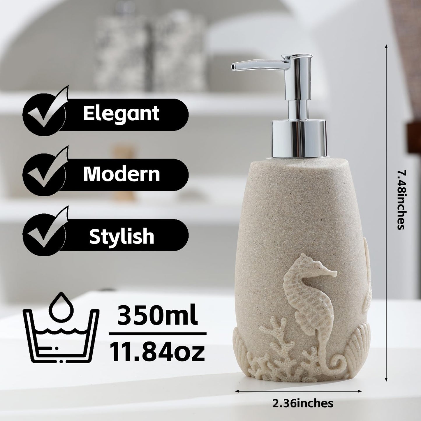 Haocoott Soap Dispensers 350mL 11OZ, 2 PCS Luxurious Ocean Hand Dish Lotion Shampoo Soap Dispenser Jar, Sea Shell Soap Pump Bottles for Kitchen Bathroom Countertop Beige