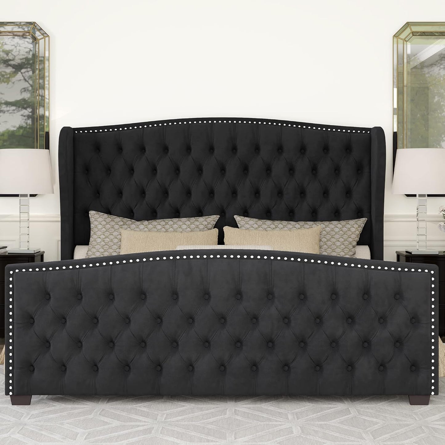 AMERLIFE California King Platform Bed Frame with Upholstered Headboard