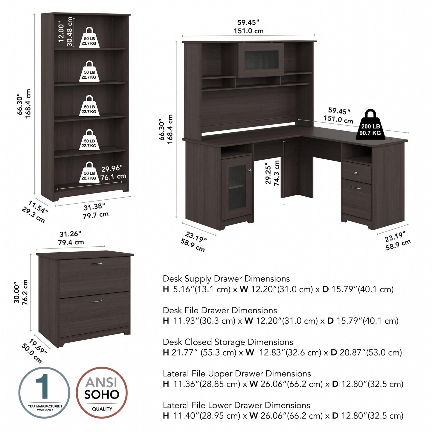 Bush Furniture L Shaped Desk with Hutch, 5 Shelf Bookcase and Lateral File Cabinet | Cabot Collection Corner Computer Table with Storage and Bookshelf