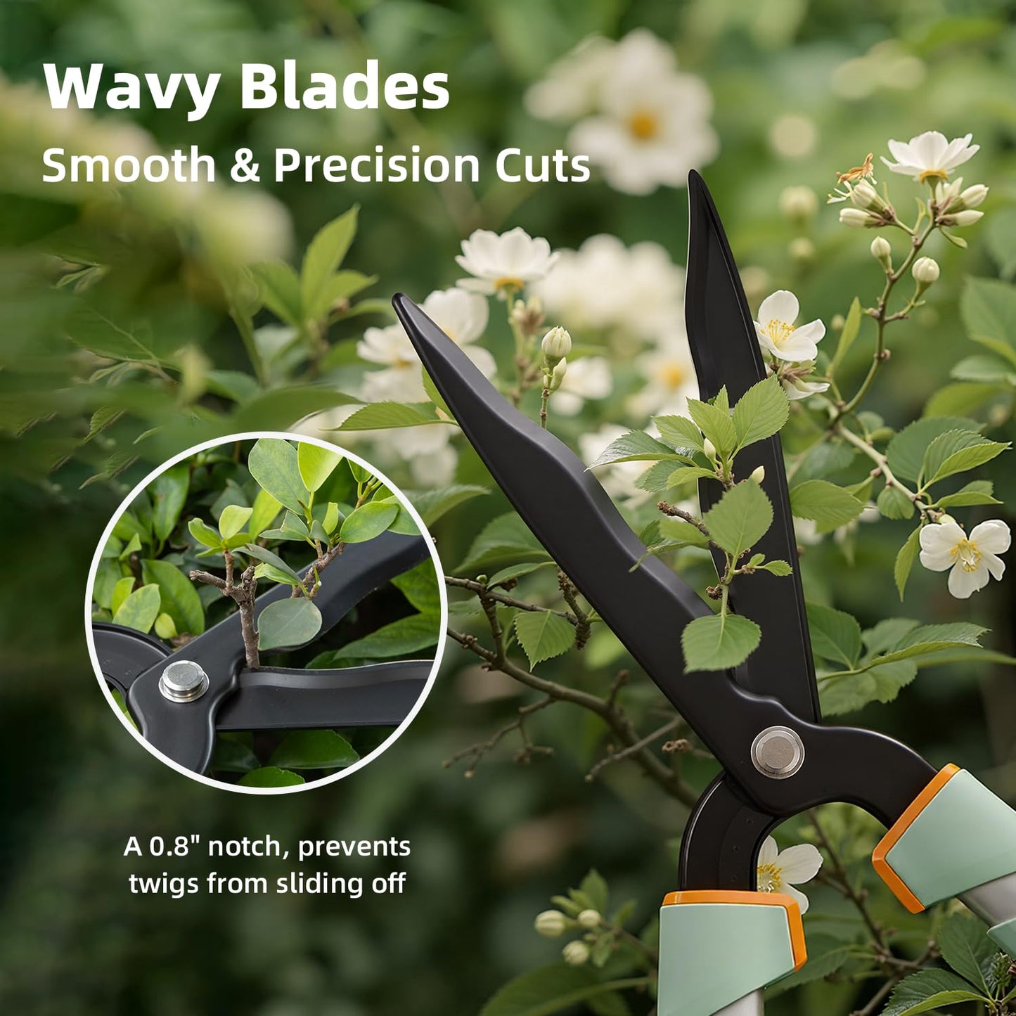 PrunePro® Extendable Hedge Shears (27"-35") Wavy Stainless Steel Blades | Teflon Coated for Smooth Cuts | Lightweight Adjustable Garden Clippers for High Hedges & Bushes