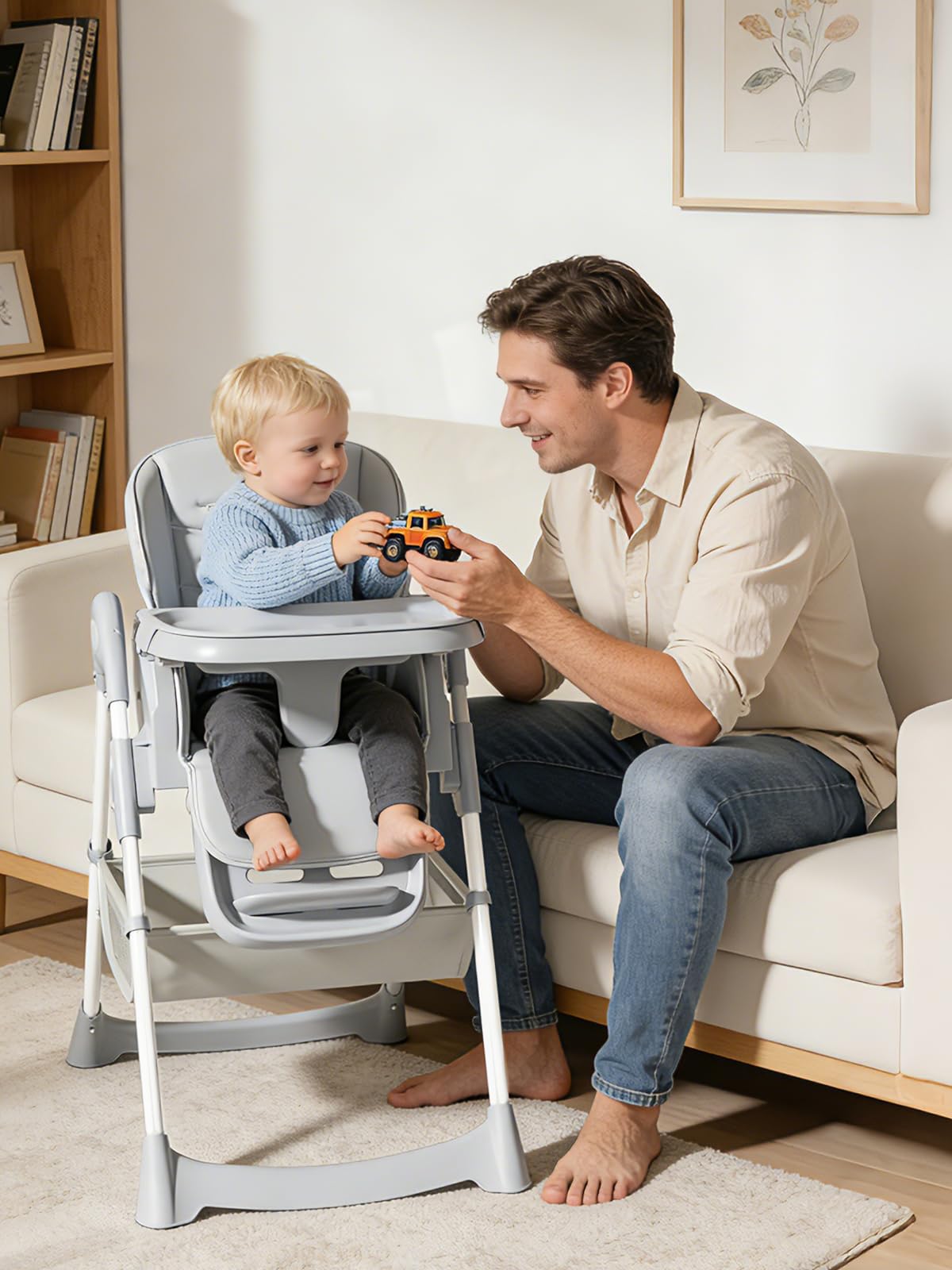 Meetaglow Baby High Chair, Foldable Convertible High Chair for Babies & Toddlers, Adjustable Height & Recline with Removable Double Tray, PU Cushion, Storage Basket, Easy to Clean, Gray