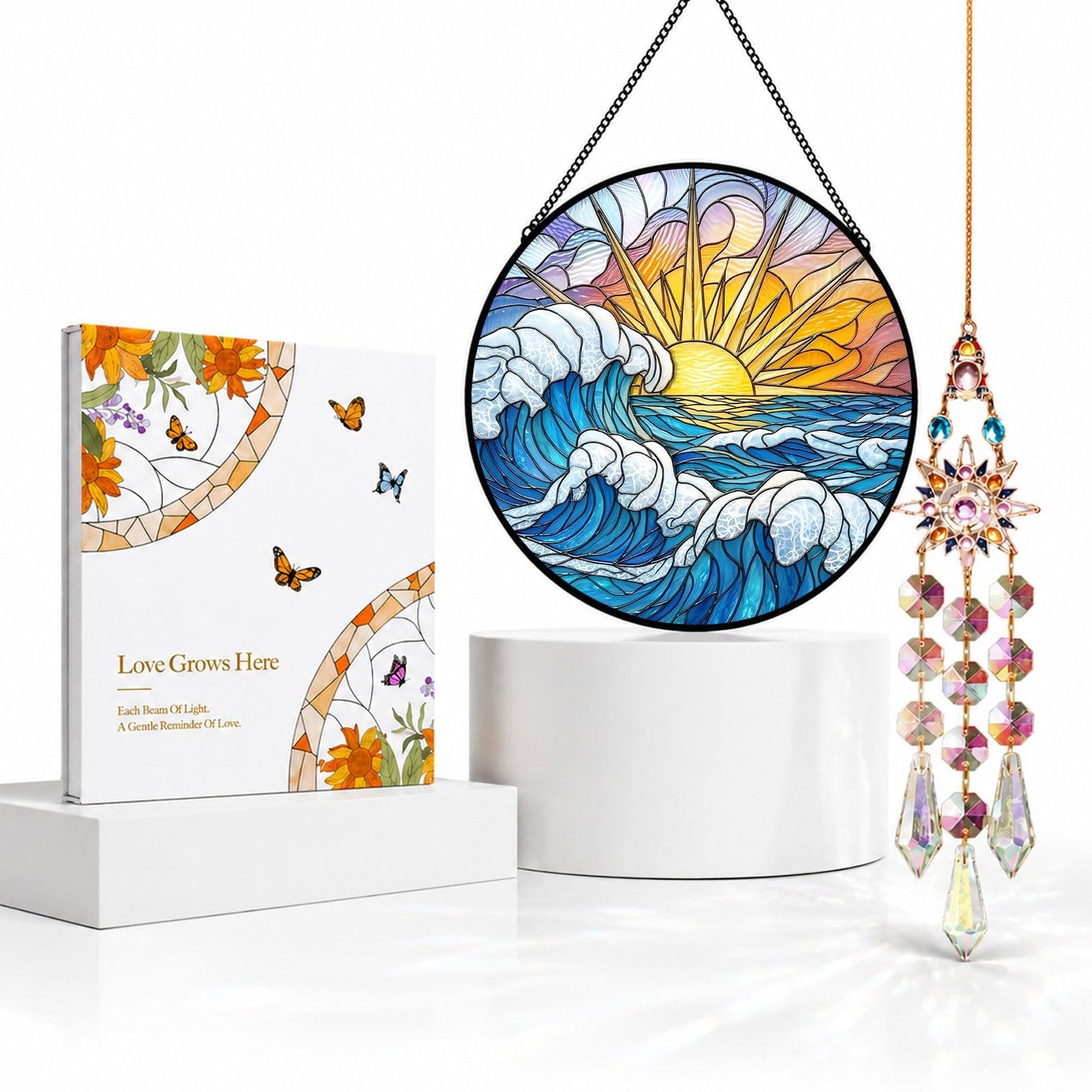 Suncatcher for Window | 3D Embossed Stained Glass Ocean Sunrise Beach Design | Diamond Glass Rainbow Maker with Crystal Chime Gift Box Set | Coastal Decor Gift