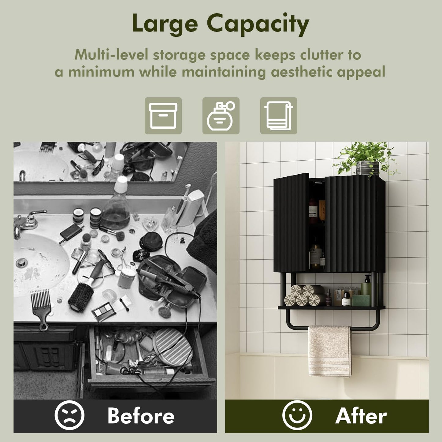 RUSTOWN Fluted Bathroom Wall Cabinet with 2 Doors, 3-Tier Modern Farmhouse Medicine Cabinet, Over The Toilet Storage Cabinet with Adjustable Shelf and Towel Bar(Black, Small)