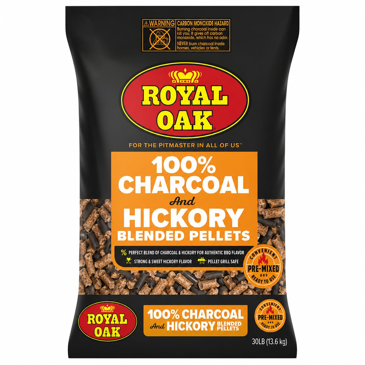 Royal Oak 100% Charcoal & Hickory Blended Pellets Grills and Smokers, Smoky BBQ Flavor, 30 LB Bag