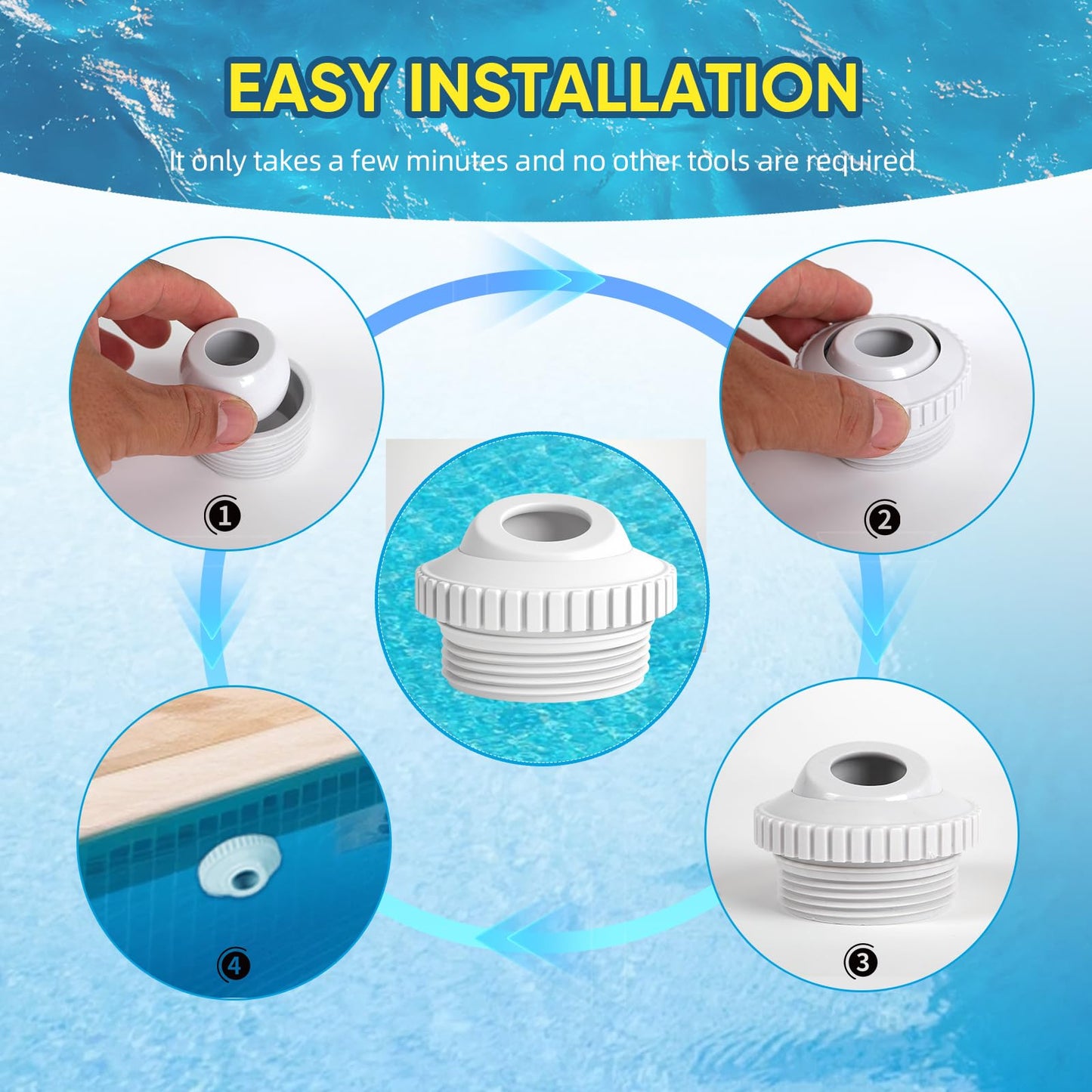 Qryuvfek 2 PCS Pool Directional Jet Nozzles, 3/4 Inch Adjustable Flow Eyeball Inlet Jet, Spa and Pool Return Jet Fittings, Compatible with 1-1/2 Inch MIP Thread, Pool Cleaning Accessories