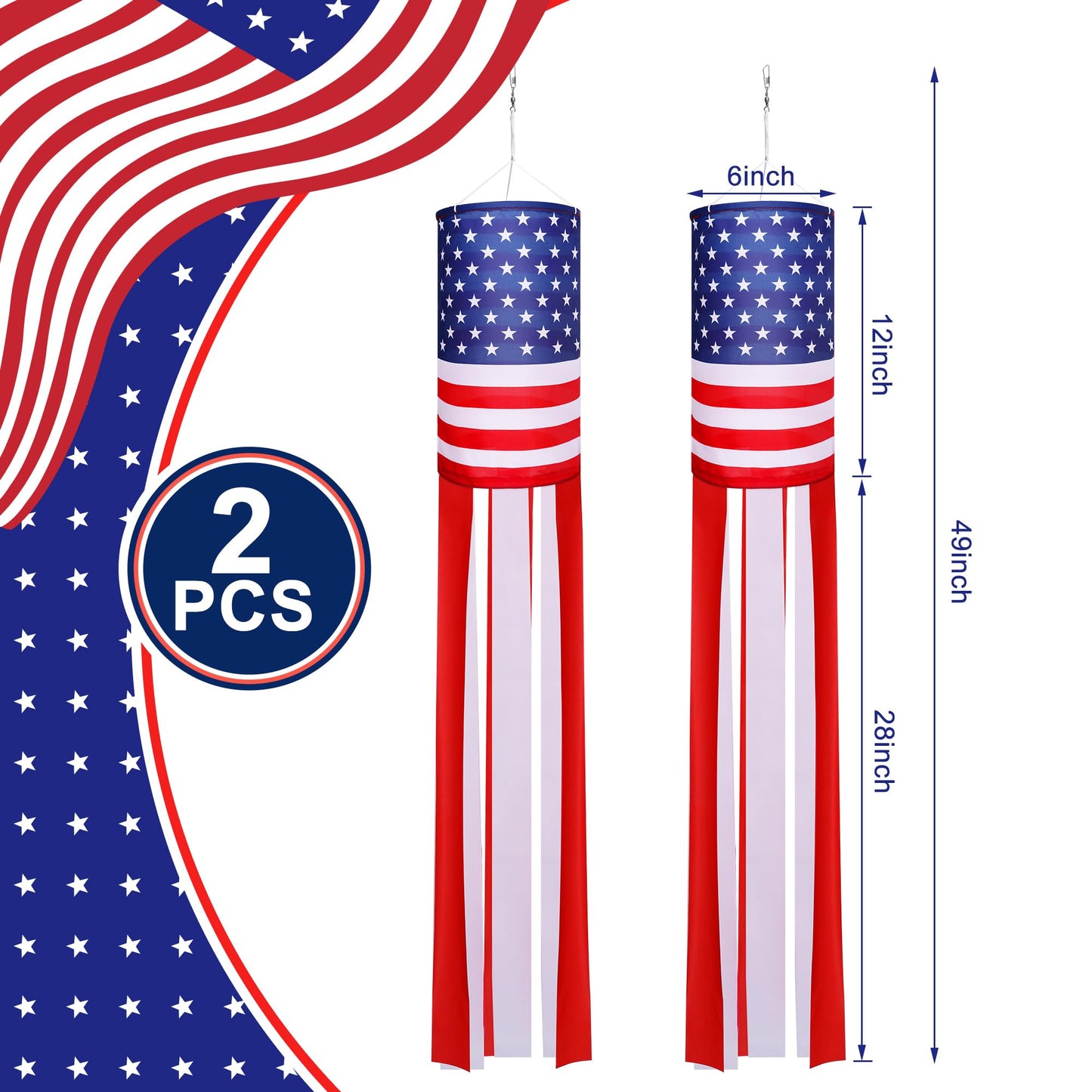 EBaokuup 2Pcs 40 Inch American US Flag Windsock Stars and Stripes for Flag Day and 4th of July Decorations Outdoor
