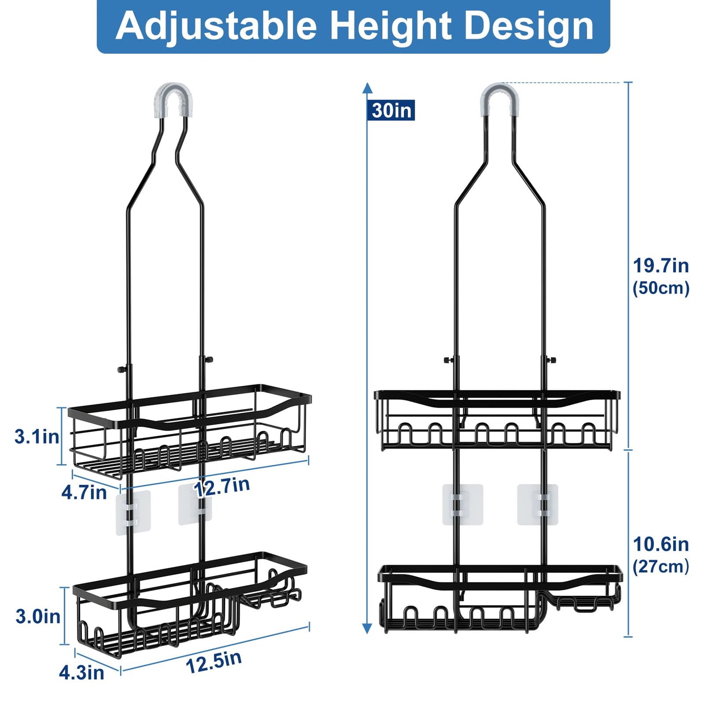 Joqixon Upgraded Extended Length Shower Organizer with Hooks, Rustproof Shampoo Soap Holder, Large Hanging Bathroom Caddy