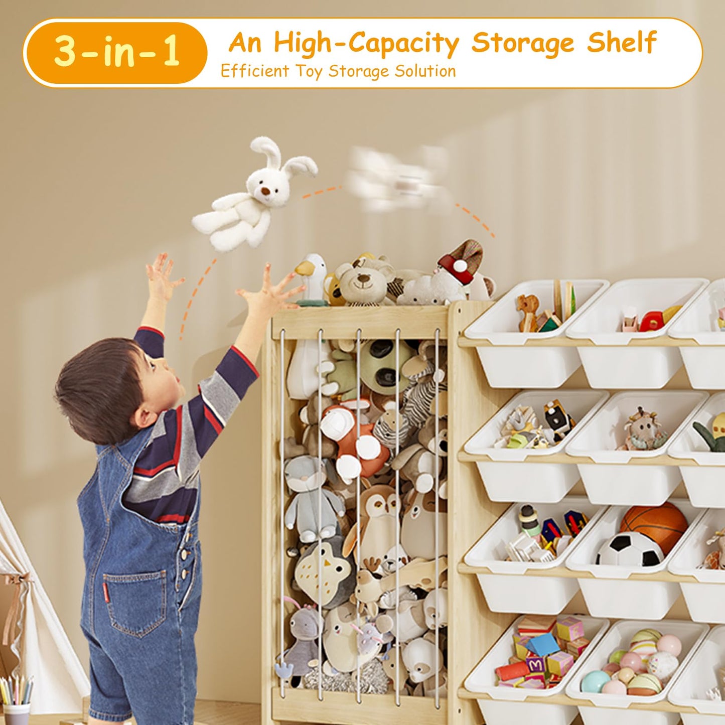 EXPERLAM Large Toy Storage Organizer, Wooden Stuffed Animal Storage & 12-Bins Toy Organizer, Double-Sided Plush Toy Holder Featuring Thicker Ropes, Space Save Playroom Nursery Bedroom Storage, White