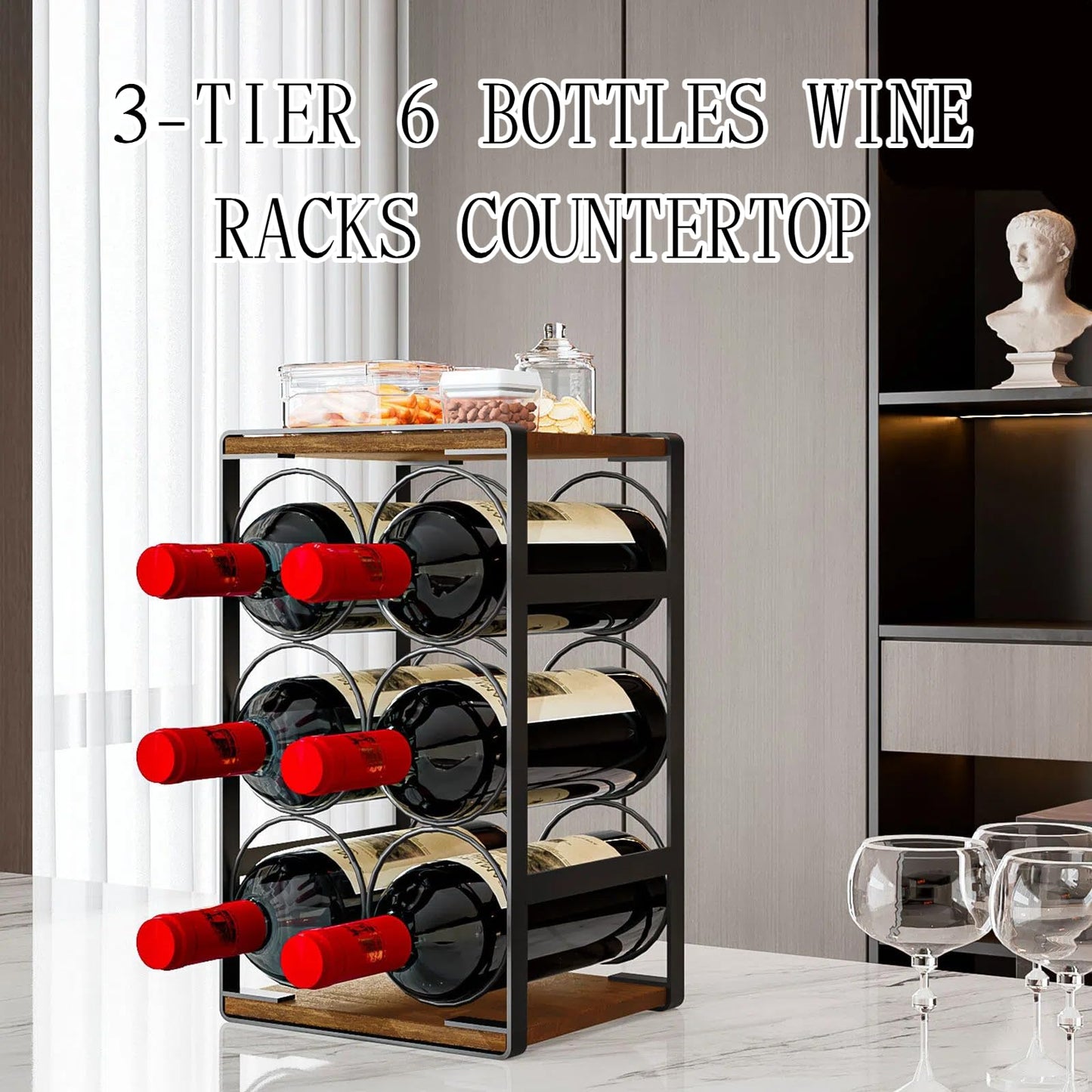 Dazioter Wood Countertop Wine Rack No Need Assembly 6 Bottles Black + Rustic Brown