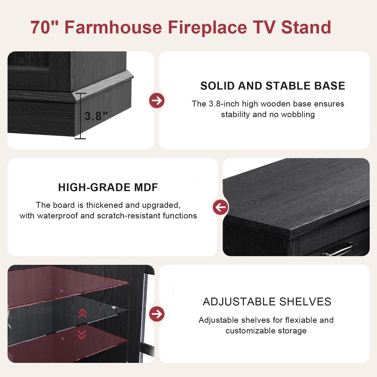 MXV 70" Fireplace TV Stand, 3-Sided Glass Fireplace and Modern Entertainment Center, Wooden Media Console with Glass Doors & Storage Drawers, LED Light, for Living Room, Black