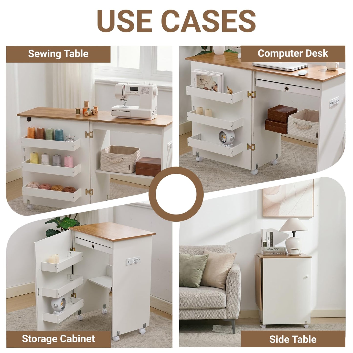 Folding Sewing Table with Charging Station, Rolling Sewing Machine Craft Table with Storage Trays and Shelf, Foldable Sewing Cabinet Desk with Lockable Wheels for Small Spaces (Natural Wood & White)
