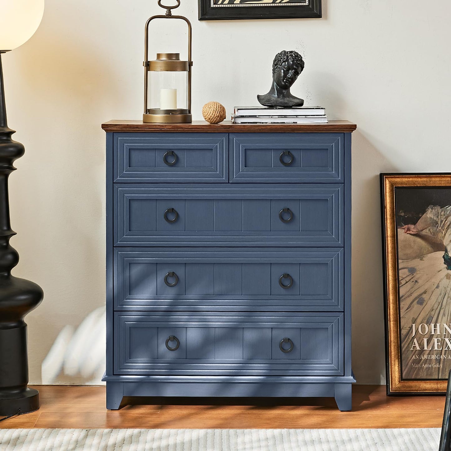 Joaxswe Farmhouse 5 Drawer Dresser for Bedroom, 33.2" Tall Small Dressers & Chest of Drawers, Rustic Wood Dresser with Metal Handle, Storage Organizer Closet for Living Room, Hallway, Entryway