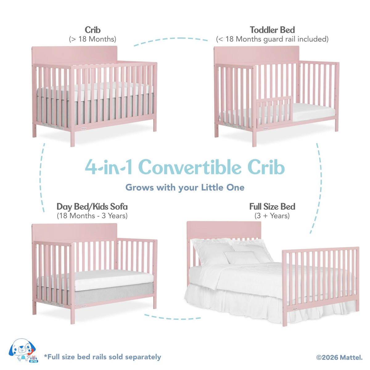 Fisher-Price Meadowbrook 4-in-1 Convertible Full Size Baby Crib, Wooden Nursery Furniture, Converts to Toddler Bed with Guardrail, Daybed & Full-Size Bed, Greenguard Gold & BSA Certified, Pink