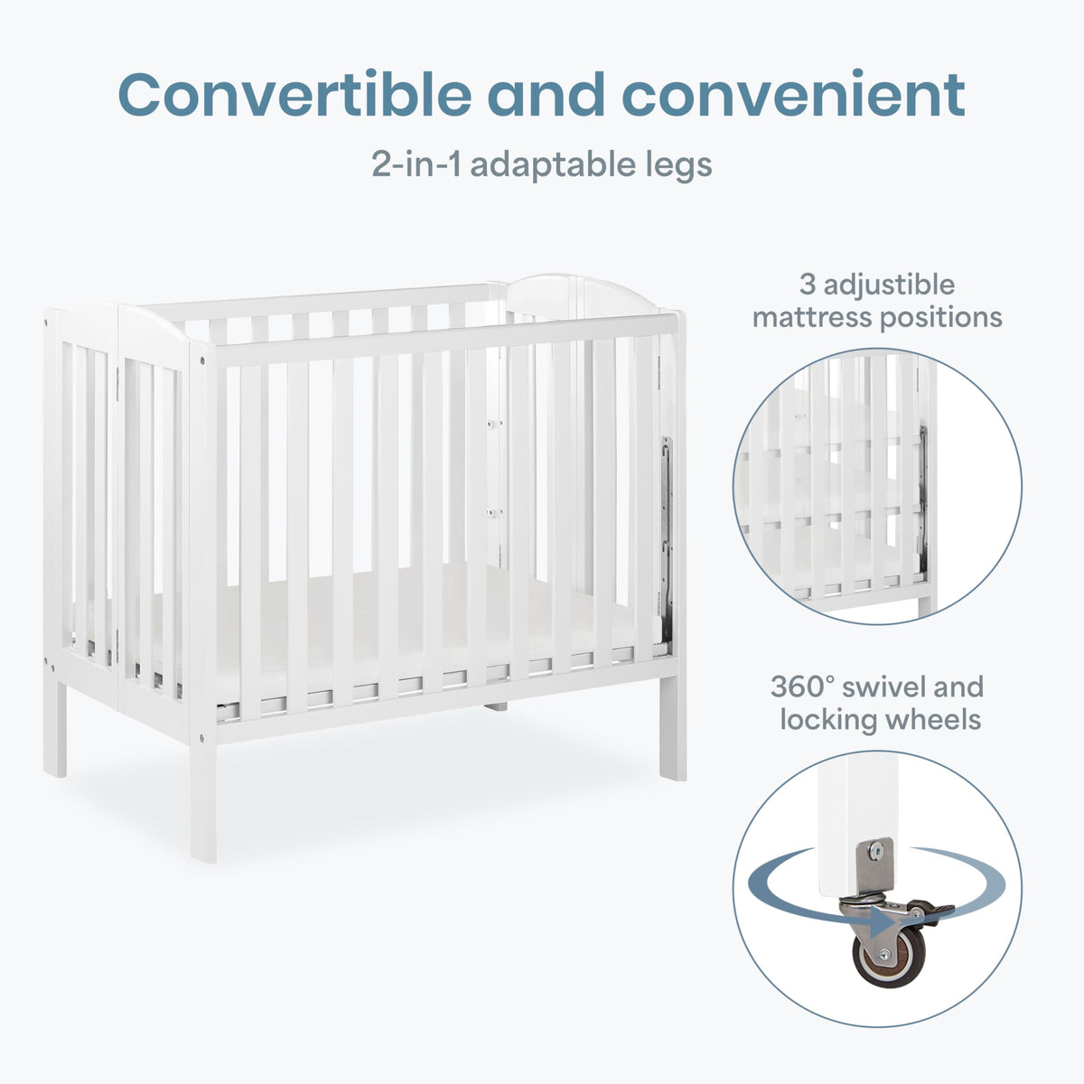 Dream On Me Mini Folding 3-in-1 Portable Baby Crib, Sturdy Locking Wheels