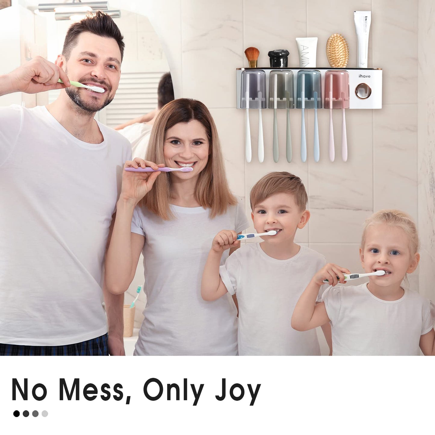 iHave Toothbrush Holders Bathroom Accessories with Toothpaste Dispenser, 4 Cups Toothbrush Holder Wall Mounted Bathroom Decor