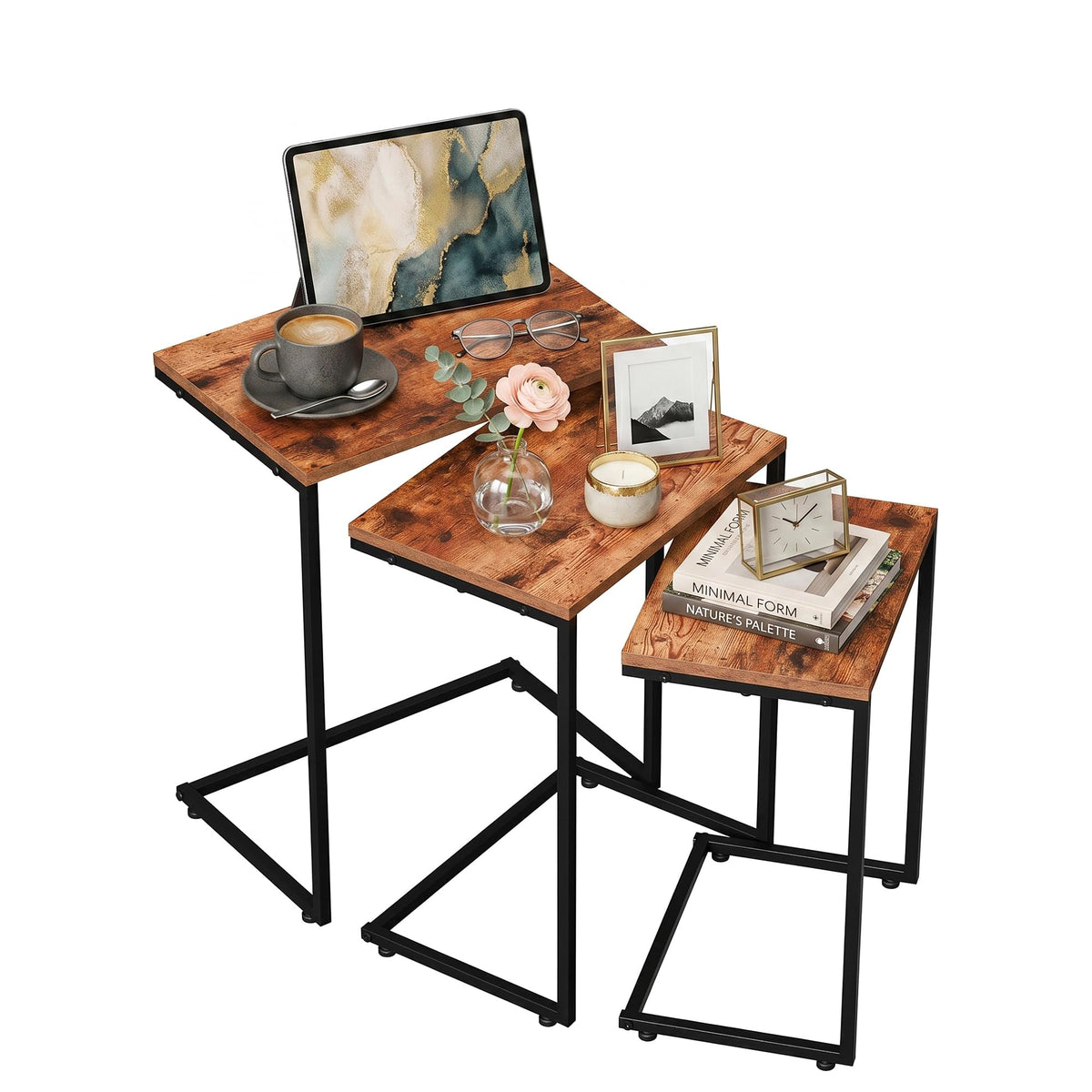 SUPER DEAL Nesting Tables Set of 3, Industrial C Shaped End Table Stackable Coffee Table Heavy Duty Metal Frame for Small Space, Living Room, Bedroom, Side Table Tray for Laptop Snack, Rustic Brown