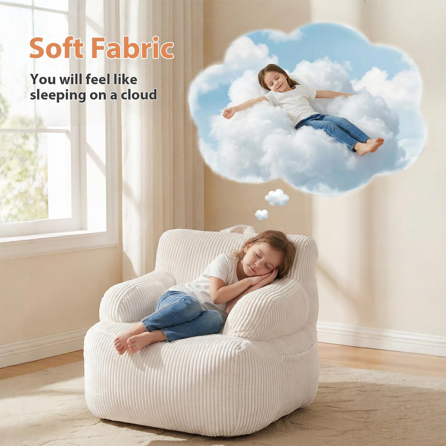 Bean Bag Chairs for Kids with Armrests, Comfy Kids Bean Bag Chair, Stuffed Toddler Bean Bag Sofa for Boys and Girls, Small Bean Bags for with Pocket, Floor Chair for Gaming, Reading & Relaxing, Beige