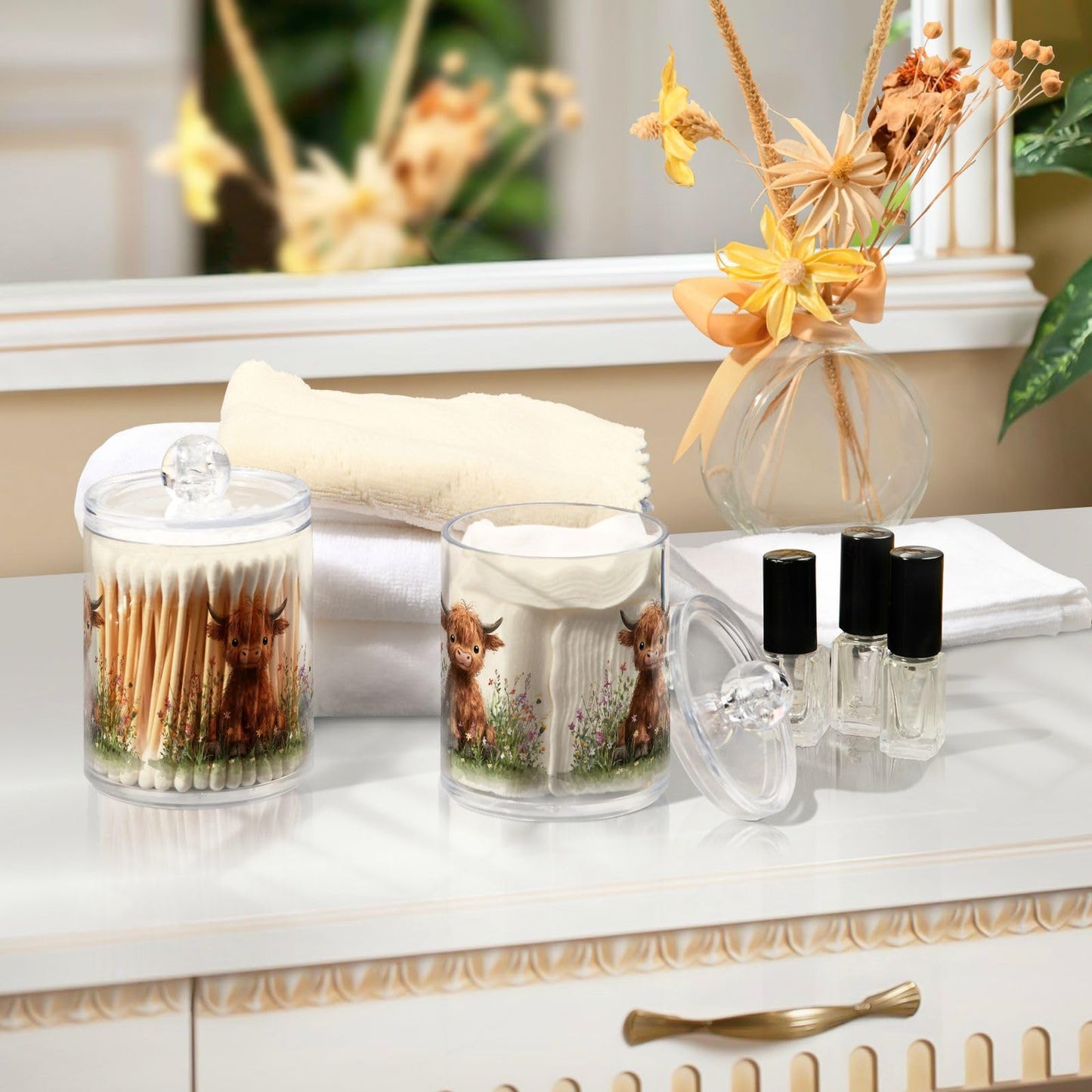 Xmycdz 2 Pack Pattern Oil Painting Cute Cow Apothecary Jars with Lid, 11 Oz Clear Plastic Apothecary Jar Set Qtip Holder Storage Containers for Cotton Ball Swabs Bathroom Vanity