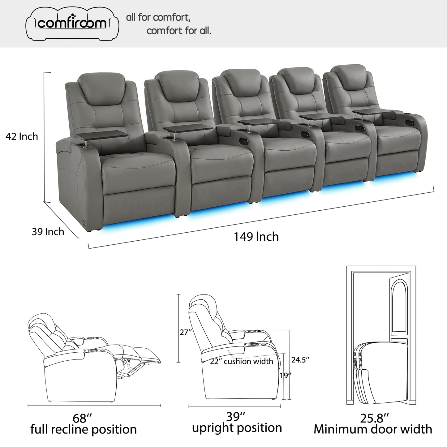 comfiroom Home Theater Seating Seats Simple Style Top Grain Nappa Leather Recliner Chair Dual Power Movie Theater Chairs Gaming Sofa Electric Headrest with Tray Table (Grey, Row of 5)