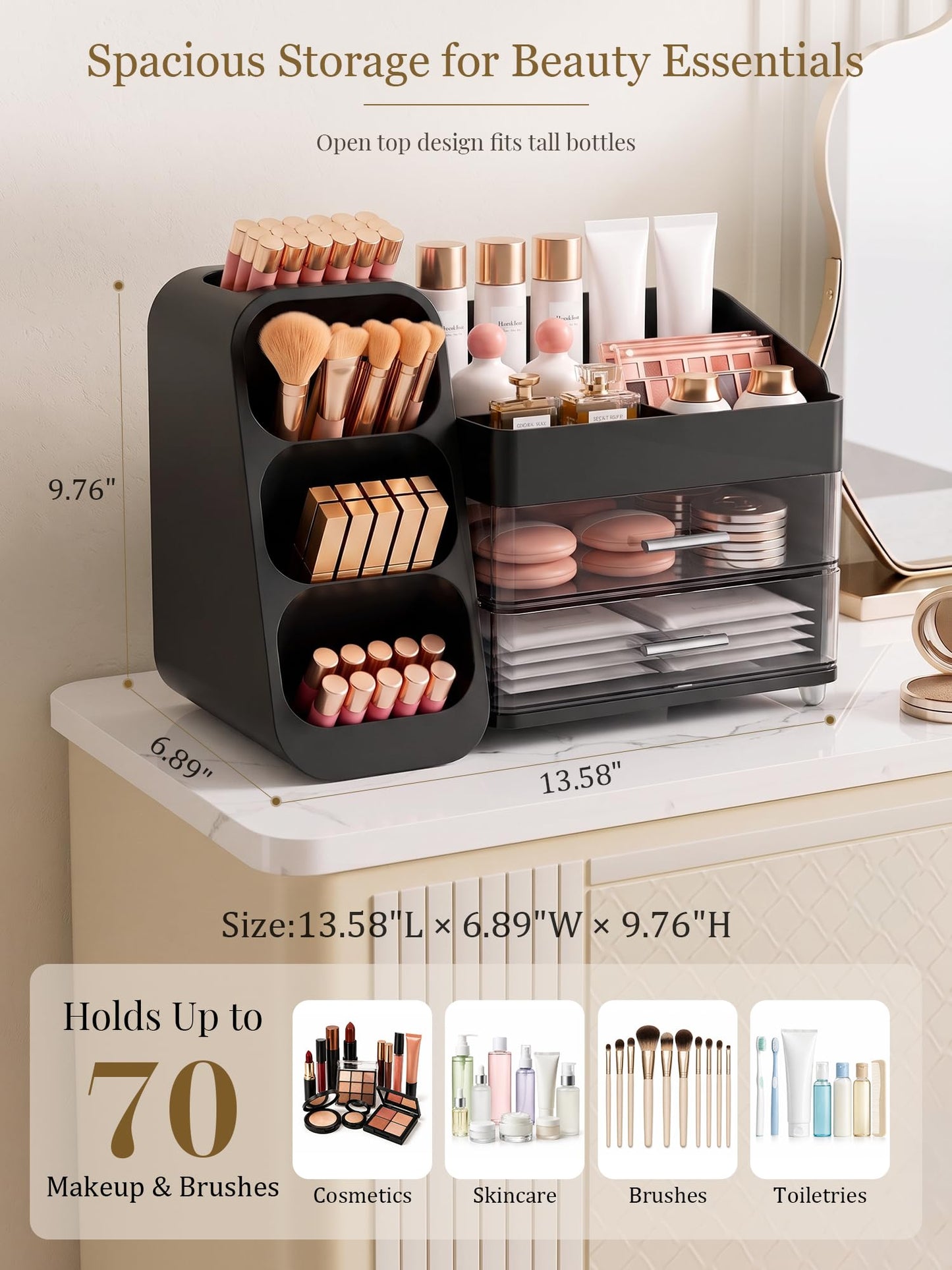 Booklov Large Makeup Organizer for Vanity Countertop, Black