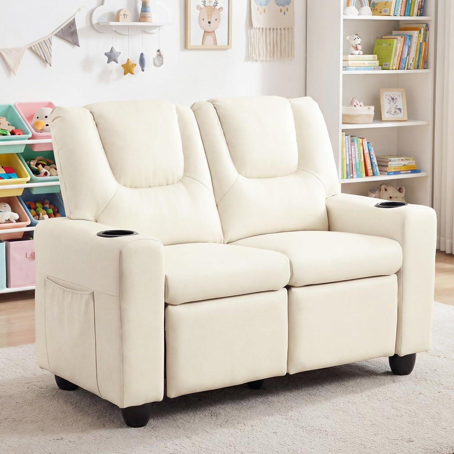 Costzon 2-Seater Kids Recliner, PU Leather Kids Loveseat w/2 Cup Holders & 2 Side Storage Pockets, Toddler Lounge Sofa Chair Couch w/Adjustable Backrest & Footrest for Girls & Boys 3+ Years Old Gifts