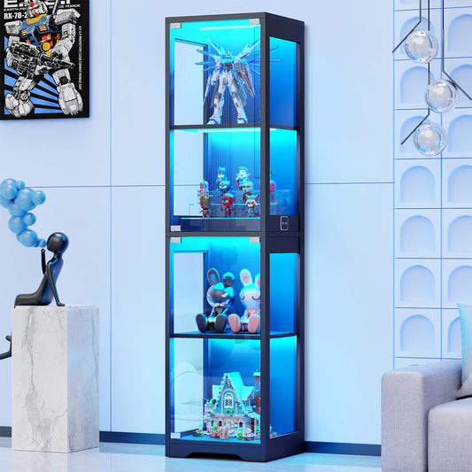 BROTTAR Glass Display Cabinet, 4-Tier Curio Cabinets with 3 Color Lights for Collectibles, Storage Cabinet with Door, Glass Display Case & Bookcase with Human Body Sensor, Black