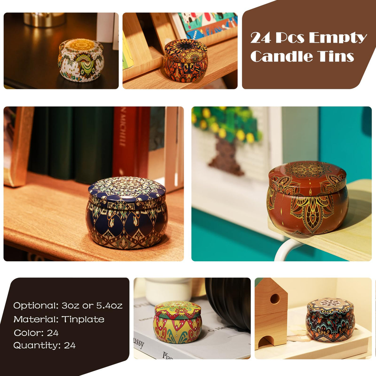 MeiGlow Empty Candle Tins for Making Candles, 24 Pack 5.4 oz with Lids, Cotton Wicks, Wick Stickers and Holders
