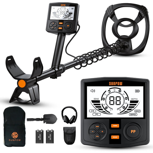 SUNPOW Professional Metal Detector for Adults - Pinpoint Accurate & Easy to Use - 12" Waterproof Coil, 2X Backlit LCDs, DSP Chip, 5 Modes - Adjustable (19"-59") for Beach, Field, Garden