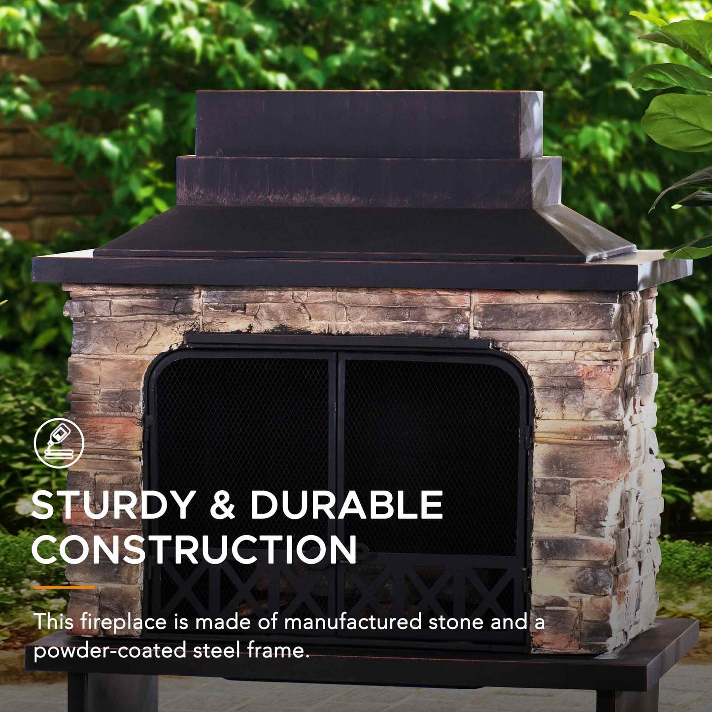 Sunjoy Outdoor Fireplace, Heavy Duty Patio Wood Burning Fireplace with Steel Chimney, Mesh Spark Screen Doors, Removable Grate and Fire Poker, Black
