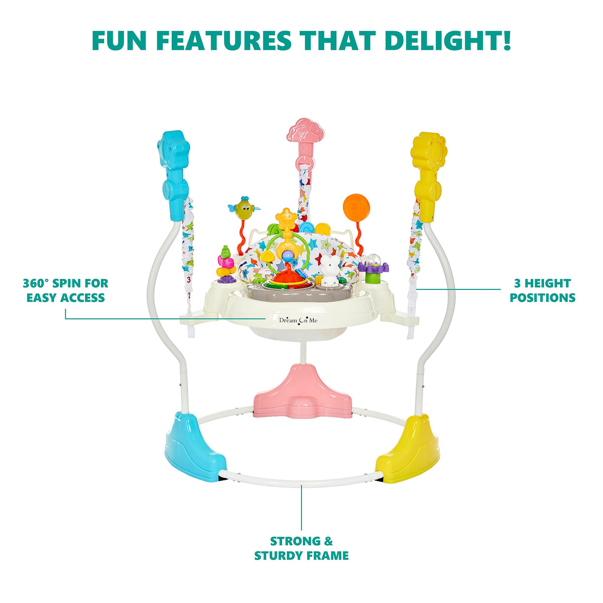 Dream On Me 2-in-1 Baby Activity Center & Bouncer Jumper, 360° Rotating Seat, 3-Height Adjustable, 12 Melodies with Lights & Interactive Toys, Promotes Early Development - Star Print