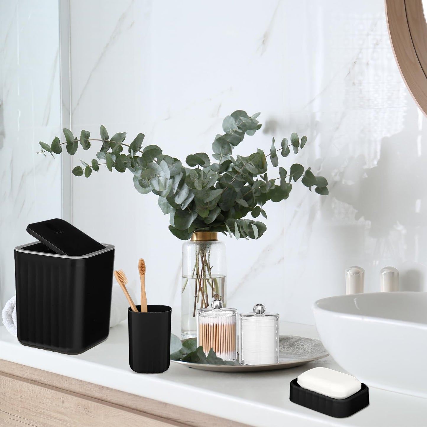 Hosuly 9 Pcs Bathroom Accessory Set Shower Curtain Set, Black