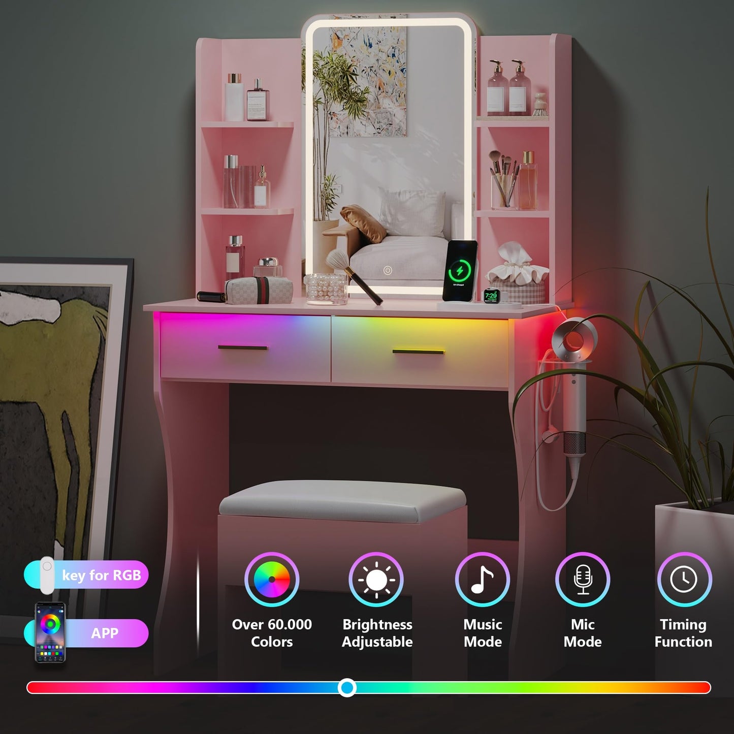 Small Vanity Desk with Mirror and Lights, Makeup Vanity with LED Lights, Pink Vanity Mirror with Lighted Desk and Chair, 3 Lighting Adjustable Compact Dressing Table with Mirror for Women, Girls