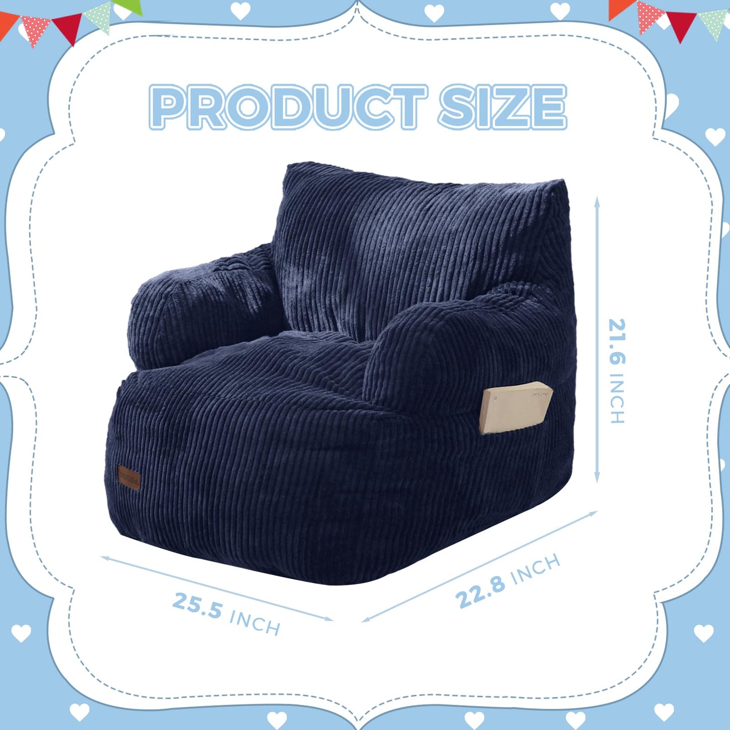 MAXYOYO Kids Bean Bag Chair, Stuffed Toddler Bean Bag Sofa with Filler Cozy for Boys and Girls, Lazy Sofa with Pocket Floor Chair for Gaming, Reading, Navy