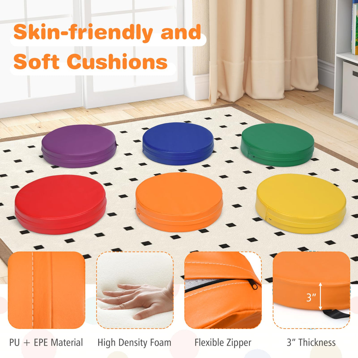 DORTALA 6 PCS Flexible Seating Floor Cushions, PU + EPE Portable Classroom Cushion w/Handles, Stackable Seating Cushions for Classroom, Daycare, Preschool (Rainbow, Round)