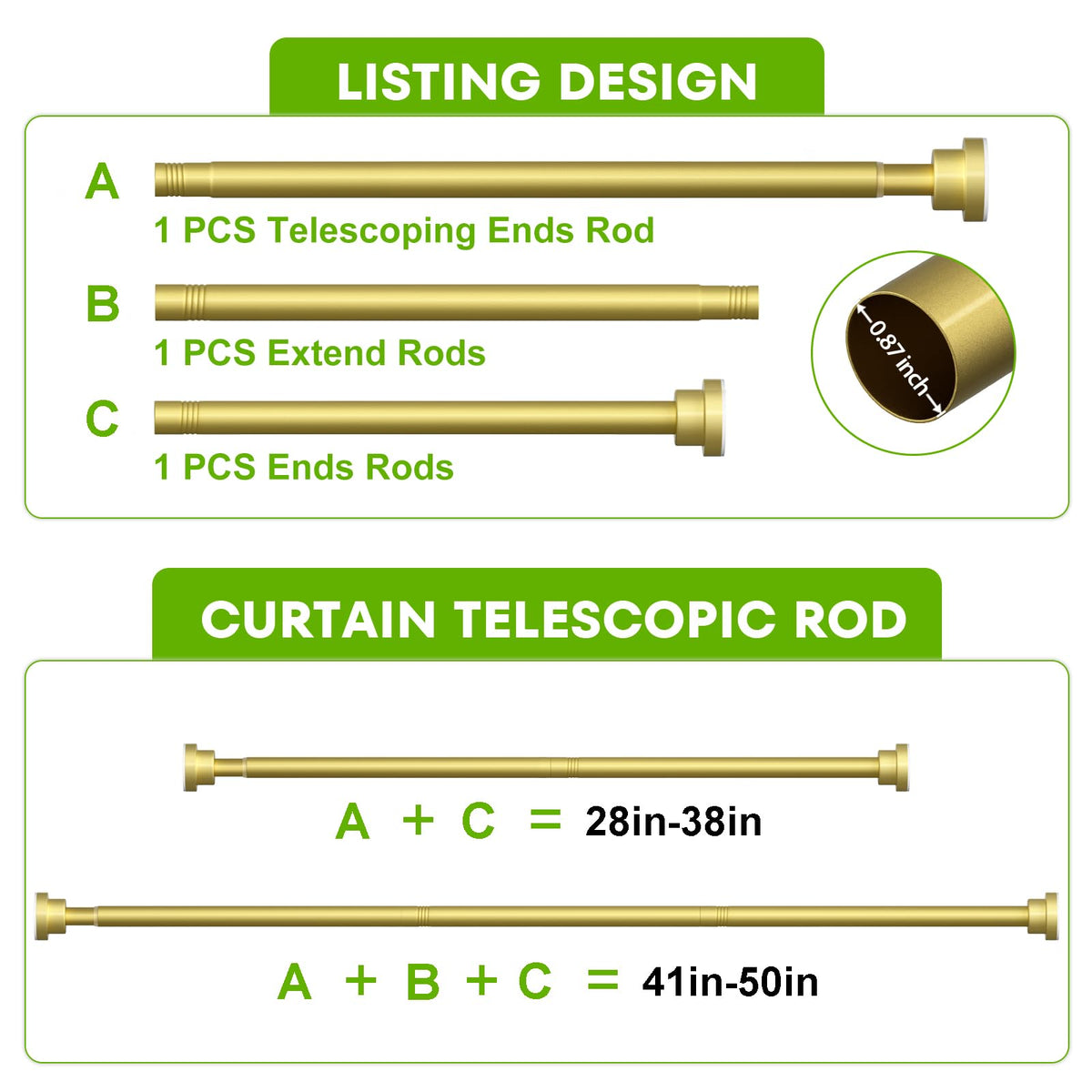2 Pack Tension Curtain Rod 28-48Inch Curtain Rods for Windows Gold Spring Curtain Rod no Drilling Adjustable Expandable Tension Rods for Windows,Doorway,Closet,Bedroom